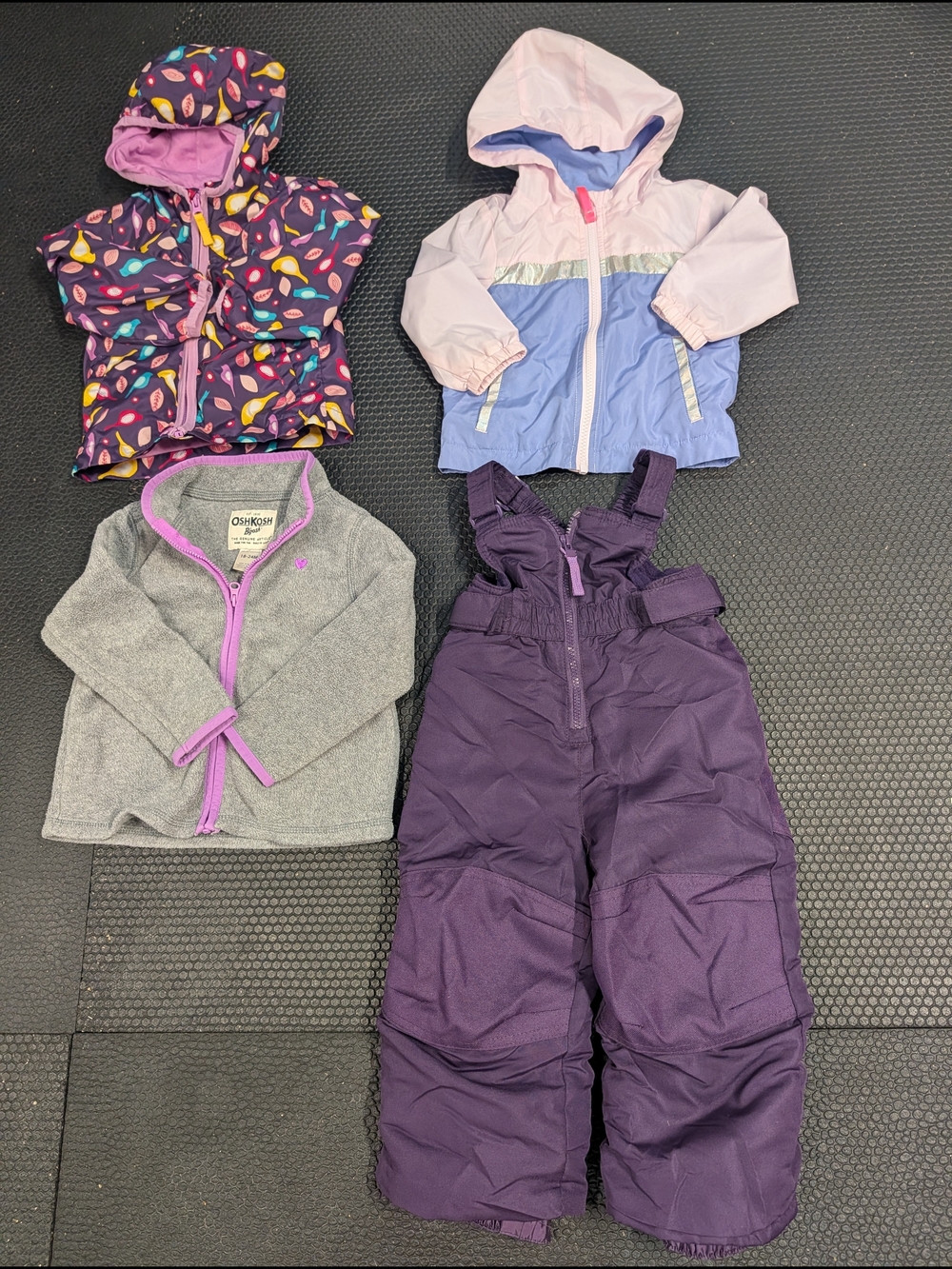 Toddler Purple Snow Bib Pants + 3 Winter Jackets Set - Purple, Pink, Gray 18m